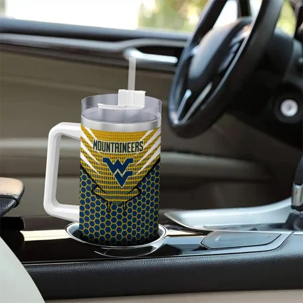 custom west virginia mountaineers hex texture blue curved tumbler trendy.webp