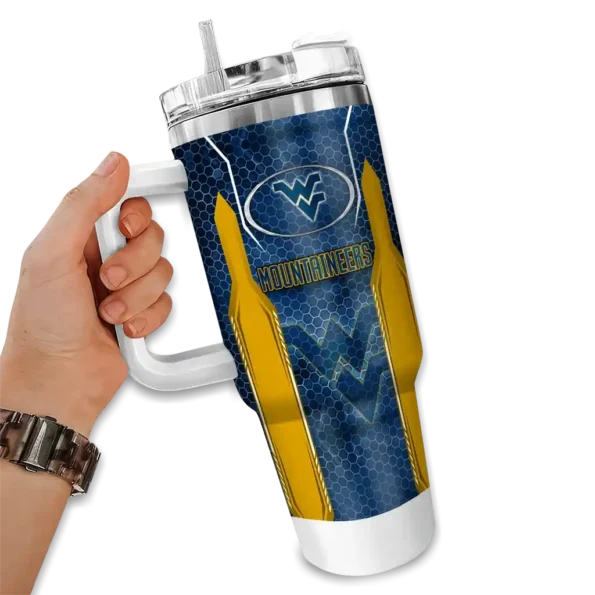 custom west virginia mountaineers hexagon armor blue curved tumbler fashion forward.webp