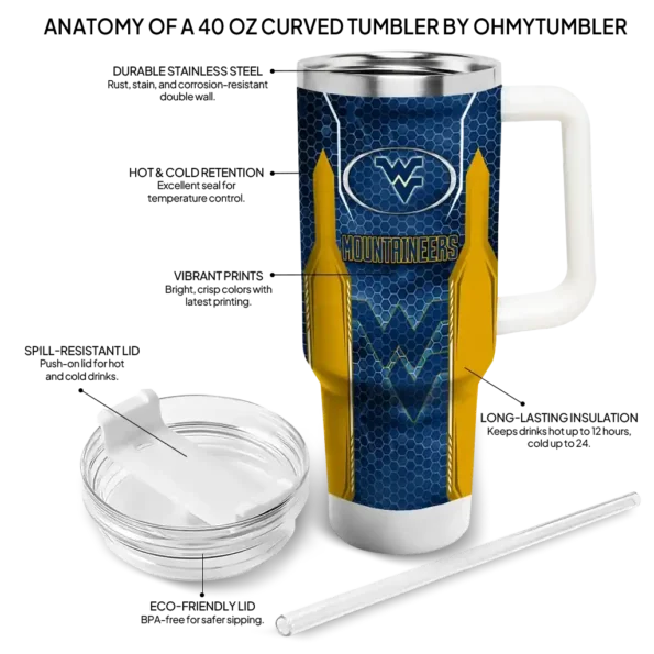 custom west virginia mountaineers hexagon armor blue curved tumbler new arrival.webp