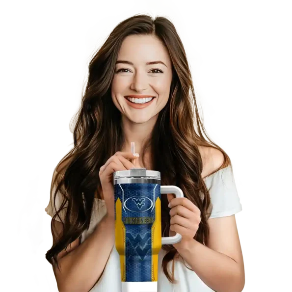 custom west virginia mountaineers hexagon armor blue curved tumbler premium grade.webp