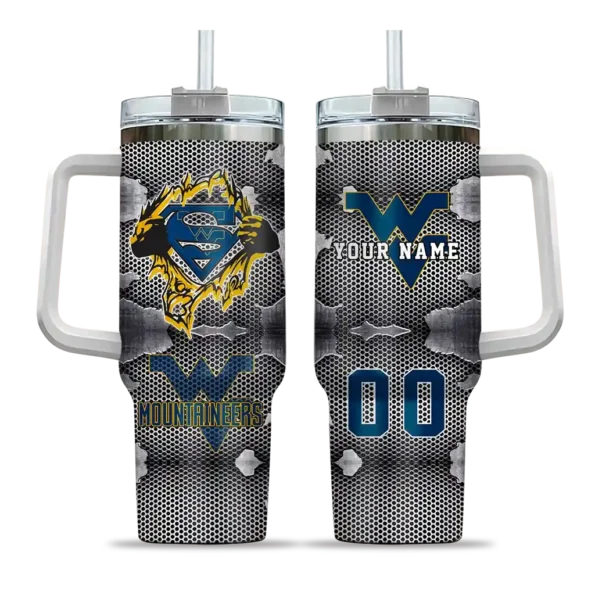 custom west virginia mountaineers superman shield blue gray curved tumbler best selling.webp