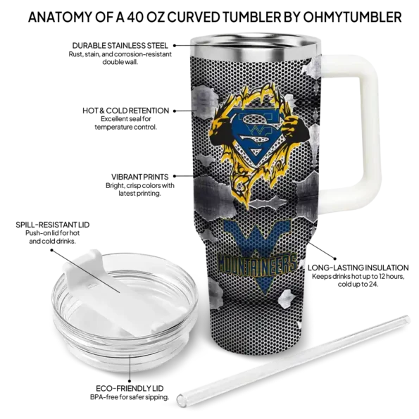 custom west virginia mountaineers superman shield blue gray curved tumbler new arrival.webp