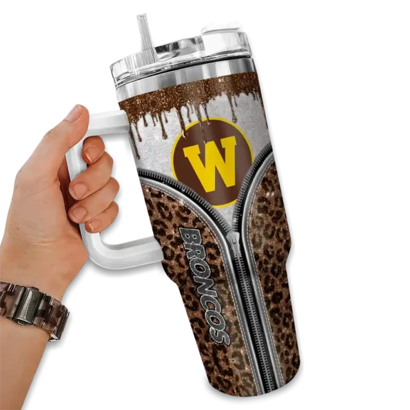 custom western michigan broncos leopard zipper brown curved tumbler fashion forward.webp