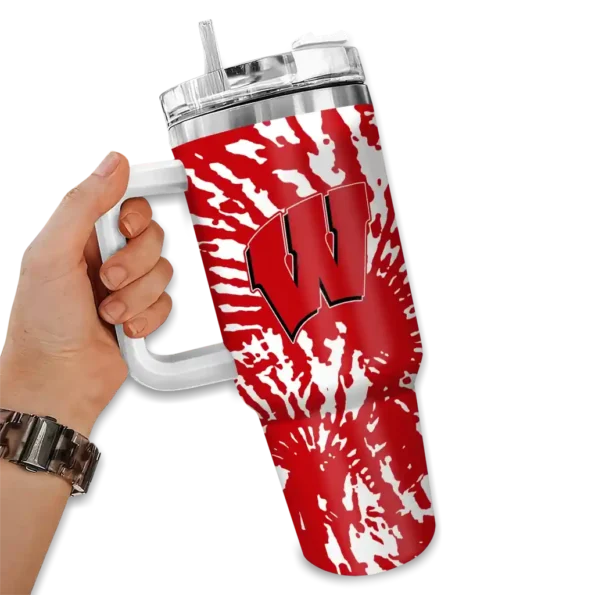 custom wisconsin badgers burst swirl red curved tumbler fashion forward.webp