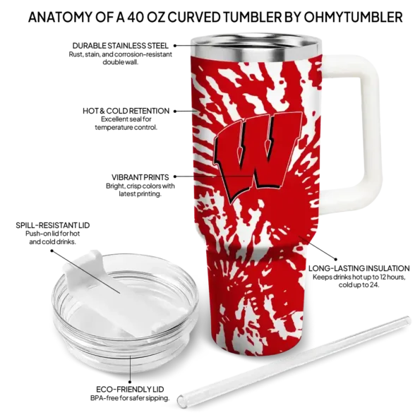 custom wisconsin badgers burst swirl red curved tumbler new arrival.webp