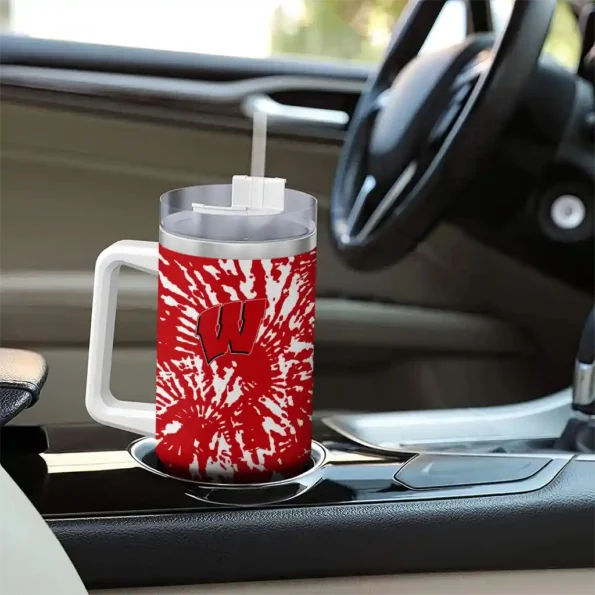 custom wisconsin badgers burst swirl red curved tumbler trendy.webp
