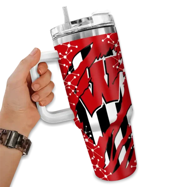 custom wisconsin badgers claw cut red black curved tumbler fashion forward.webp