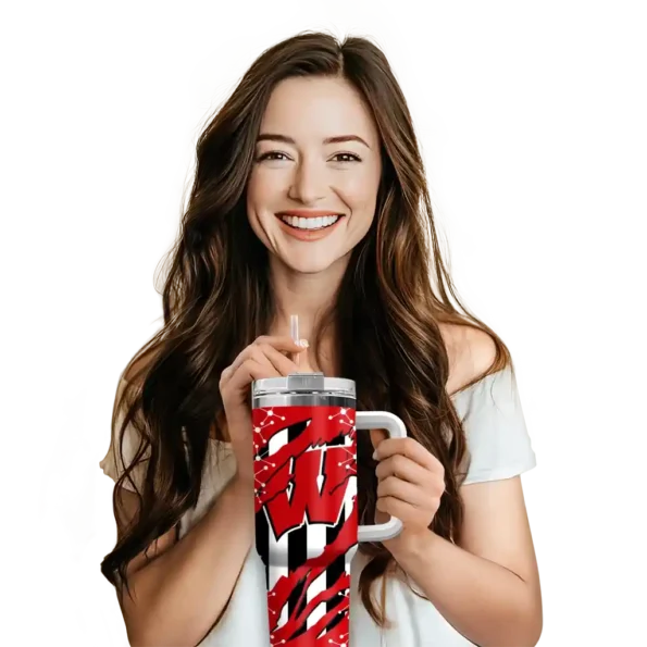 custom wisconsin badgers claw cut red black curved tumbler premium grade.webp