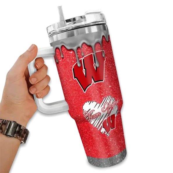 custom wisconsin badgers heart helmet motif red curved tumbler fashion forward.webp