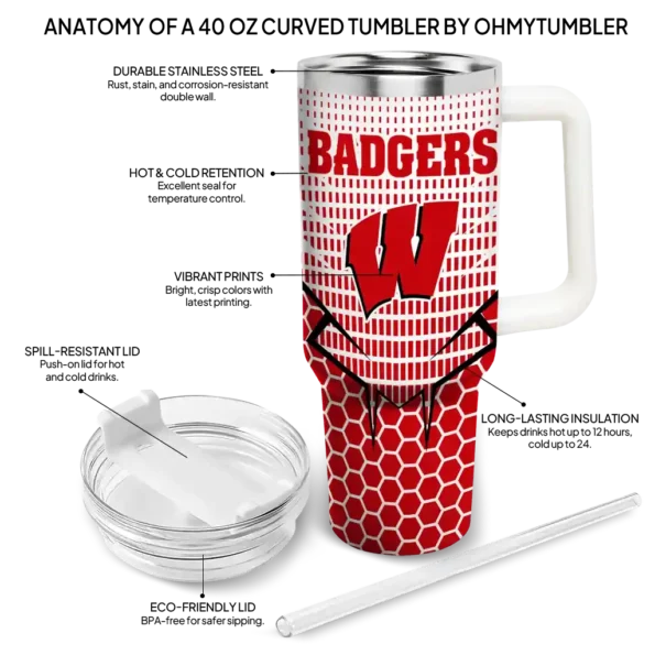 custom wisconsin badgers hex texture red curved tumbler new arrival.webp