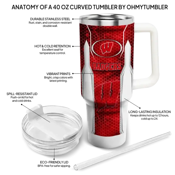 custom wisconsin badgers hexagon armor red curved tumbler new arrival.webp