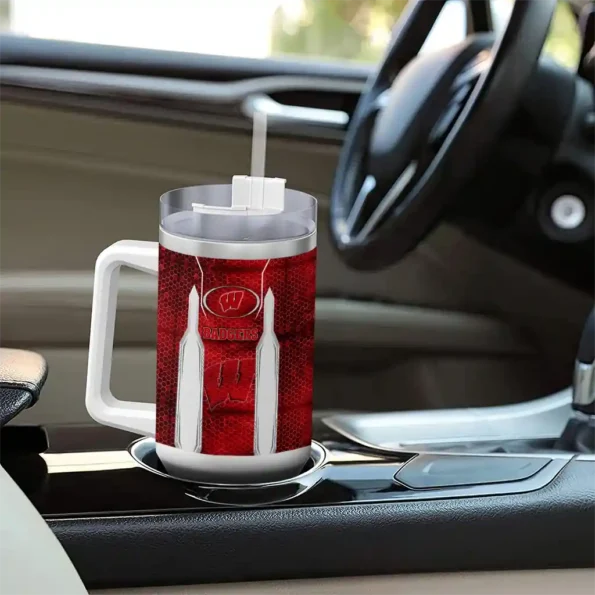 custom wisconsin badgers hexagon armor red curved tumbler trendy.webp