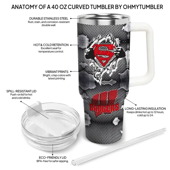 custom wisconsin badgers superman shield red gray curved tumbler new arrival.webp