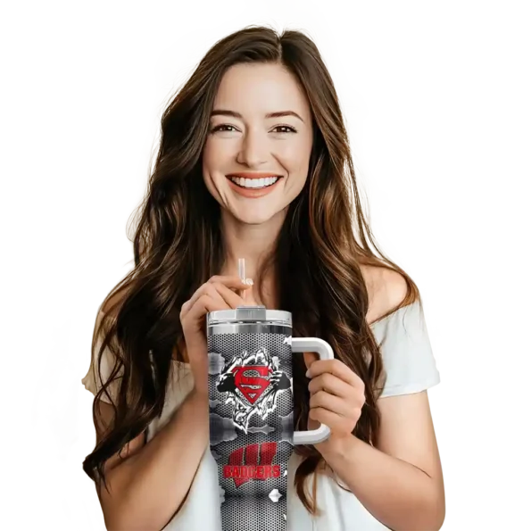 custom wisconsin badgers superman shield red gray curved tumbler premium grade.webp