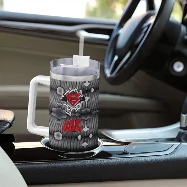 custom wisconsin badgers superman shield red gray curved tumbler trendy.webp