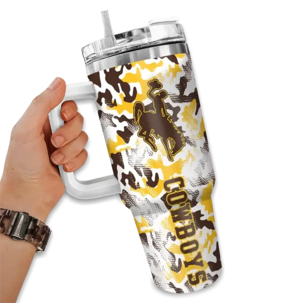 custom wyoming cowboys camo mashup brown white curved tumbler fashion forward.webp