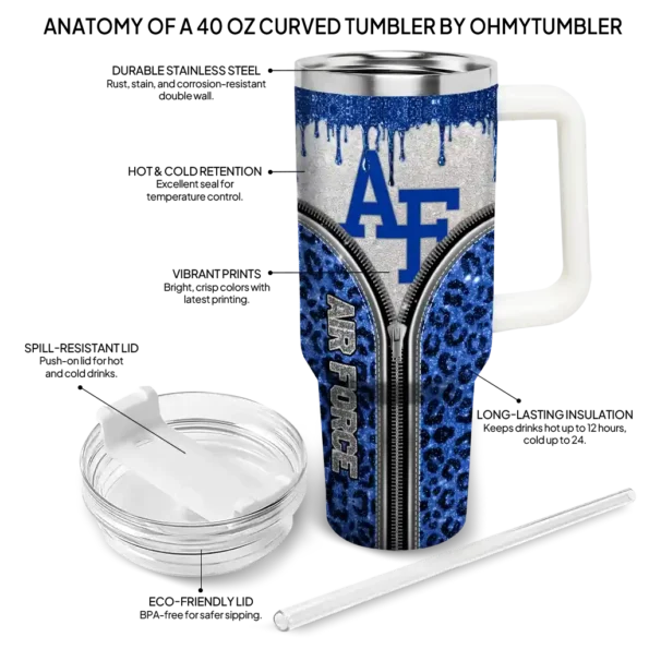 customized air force falcons leopard zipper blue curved tumbler new arrival.webp