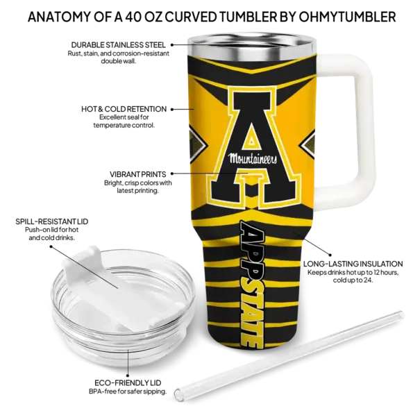 customized appalachian state mountaineers chevron layers black curved tumbler new arrival.webp