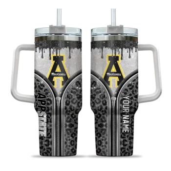 customized appalachian state mountaineers leopard zipper black curved tumbler best selling.webp