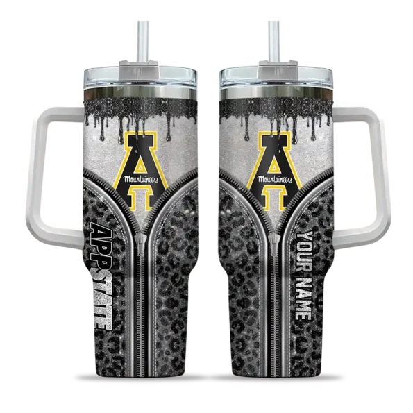 customized appalachian state mountaineers leopard zipper black curved tumbler best selling.webp
