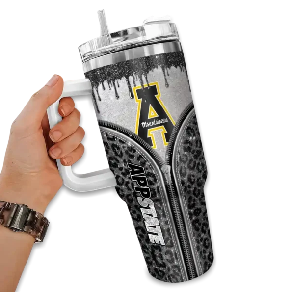 customized appalachian state mountaineers leopard zipper black curved tumbler fashion forward.webp