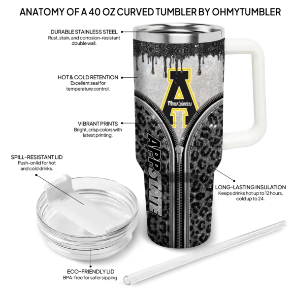 customized appalachian state mountaineers leopard zipper black curved tumbler new arrival.webp