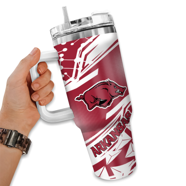 customized arkansas razorbacks abstract paths red curved tumbler fashion forward.webp