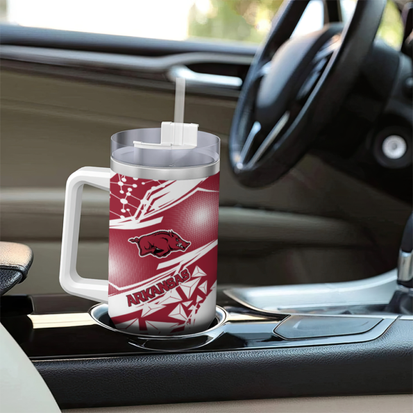 customized arkansas razorbacks abstract paths red curved tumbler trendy.webp