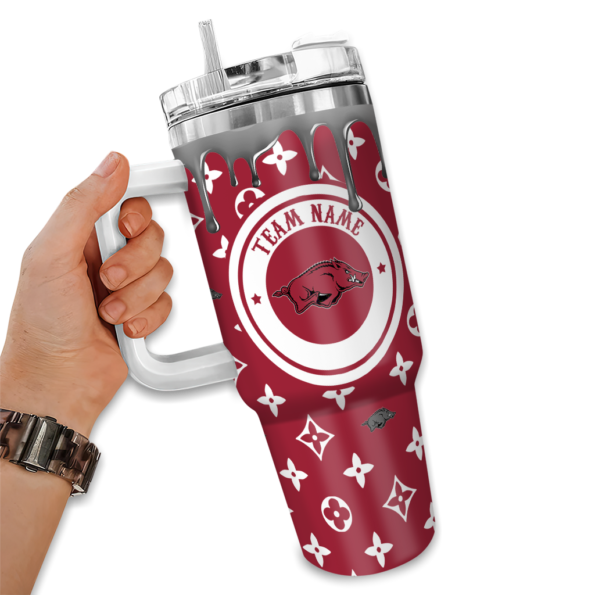 customized arkansas razorbacks bullseye drips red curved tumbler fashion forward.webp