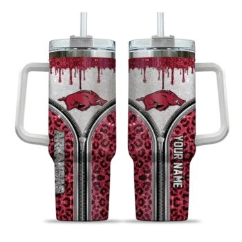 customized arkansas razorbacks leopard zipper red curved tumbler best selling.webp