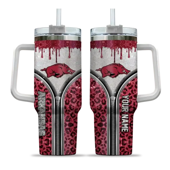 customized arkansas razorbacks leopard zipper red curved tumbler best selling.webp