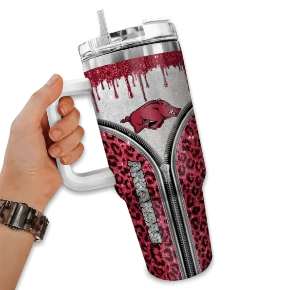 customized arkansas razorbacks leopard zipper red curved tumbler fashion forward.webp