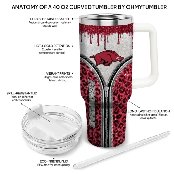customized arkansas razorbacks leopard zipper red curved tumbler new arrival.webp
