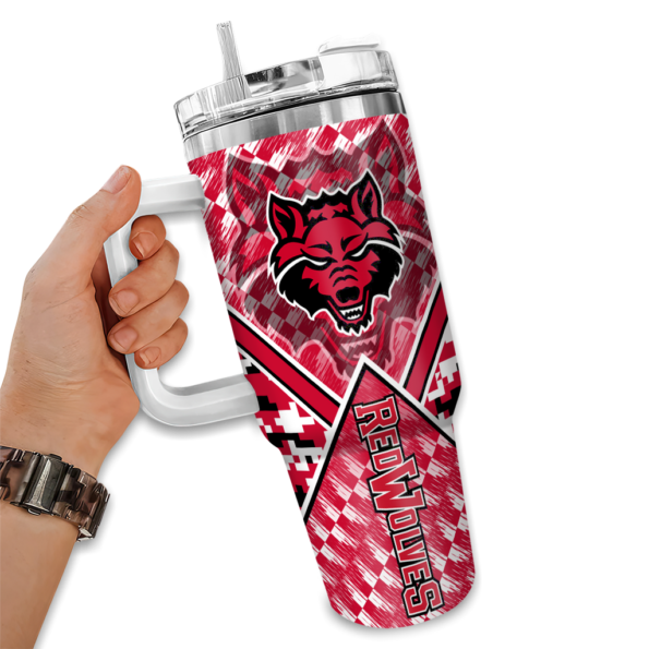customized arkansas state red wolves chevron angle scarlet curved tumbler fashion forward.webp