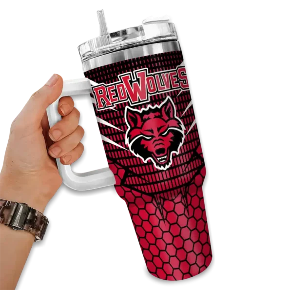 customized arkansas state red wolves hex texture scarlet curved tumbler fashion forward.webp