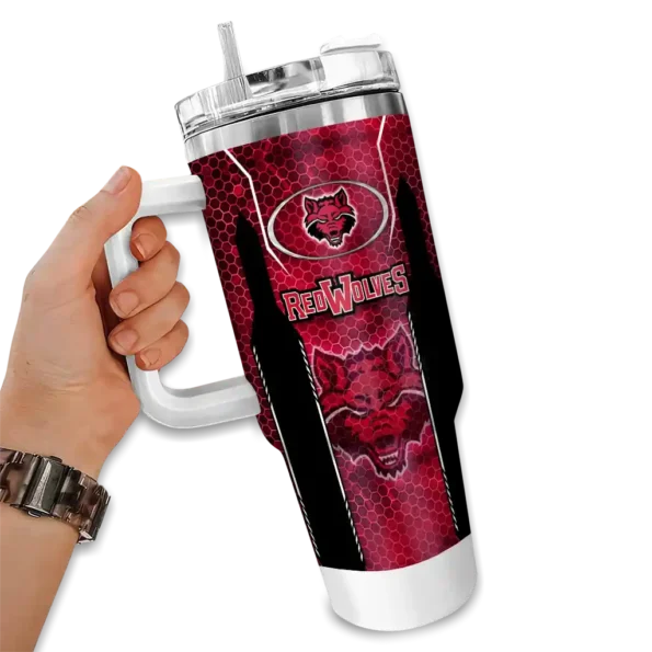 customized arkansas state red wolves hexagon armor scarlet curved tumbler fashion forward.webp