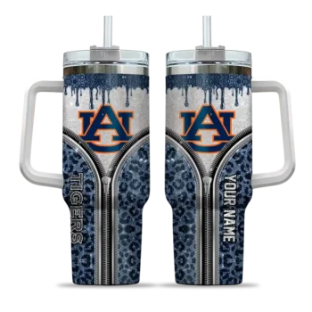 customized auburn tigers leopard zipper navy blue curved tumbler best selling.webp