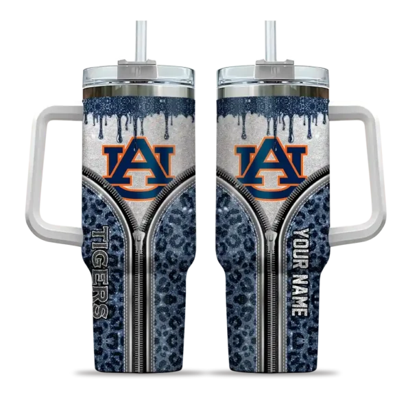customized auburn tigers leopard zipper navy blue curved tumbler best selling.webp