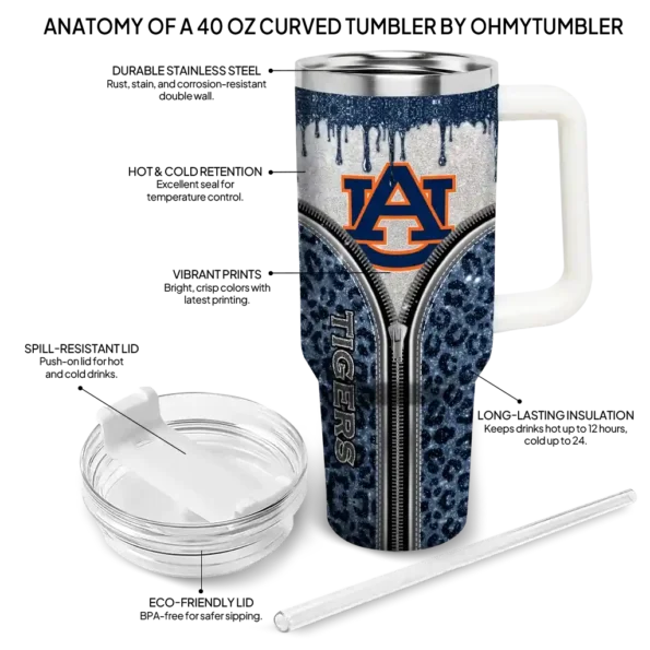 customized auburn tigers leopard zipper navy blue curved tumbler new arrival.webp