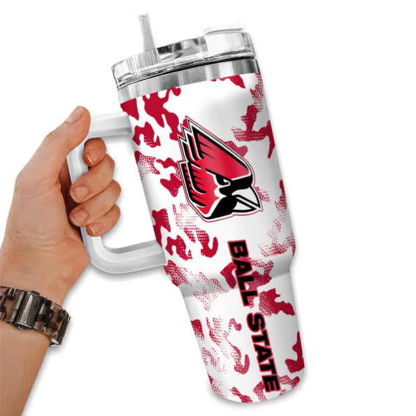 customized ball state cardinals camo mashup red white curved tumbler fashion forward.webp