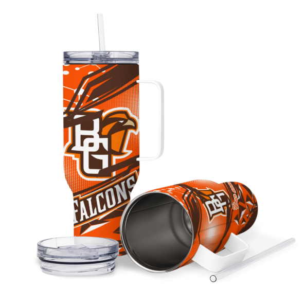 customized bowling green falcons abstract paths orange curved tumbler high quality.webp
