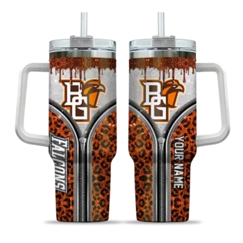 customized bowling green falcons leopard zipper orange curved tumbler best selling.webp