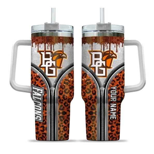 customized bowling green falcons leopard zipper orange curved tumbler best selling.webp