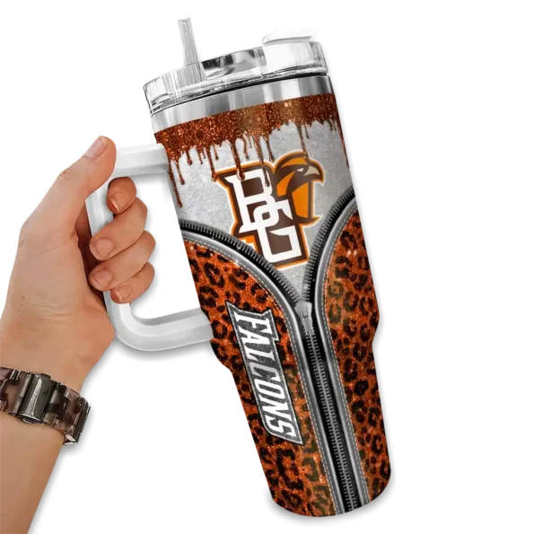 customized bowling green falcons leopard zipper orange curved tumbler fashion forward.webp
