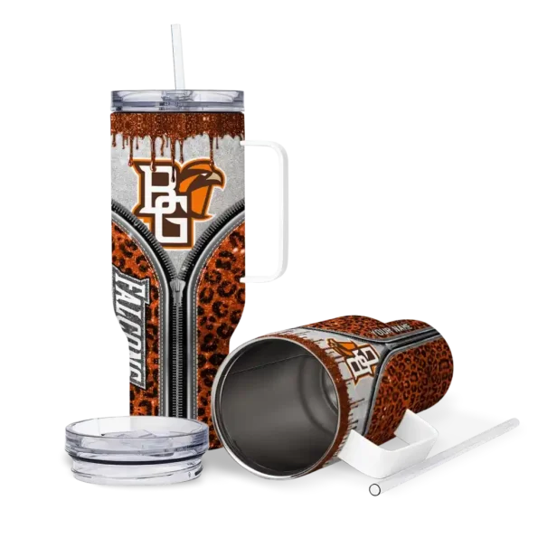 customized bowling green falcons leopard zipper orange curved tumbler high quality.webp