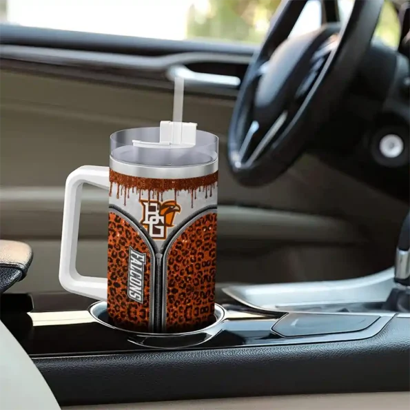 customized bowling green falcons leopard zipper orange curved tumbler trendy.webp