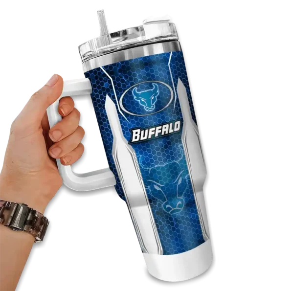 customized buffalo bulls hexagon armor royal blue curved tumbler fashion forward.webp