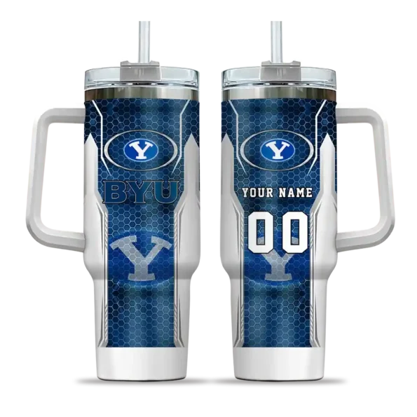 customized byu cougars hexagon armor blue curved tumbler best selling.webp