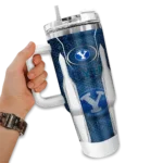 customized byu cougars hexagon armor blue curved tumbler best selling.webp