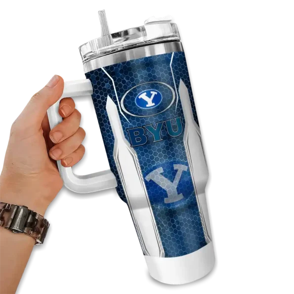 customized byu cougars hexagon armor blue curved tumbler fashion forward.webp